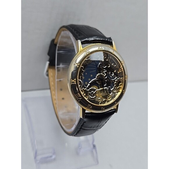 Futura Sun Moon Skeleton Dial Quartz Watch Womens Black New Battery Gold Tone - Picture 3 of 12